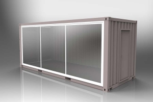 Conteneur aménagé avec vitrine d'exposition